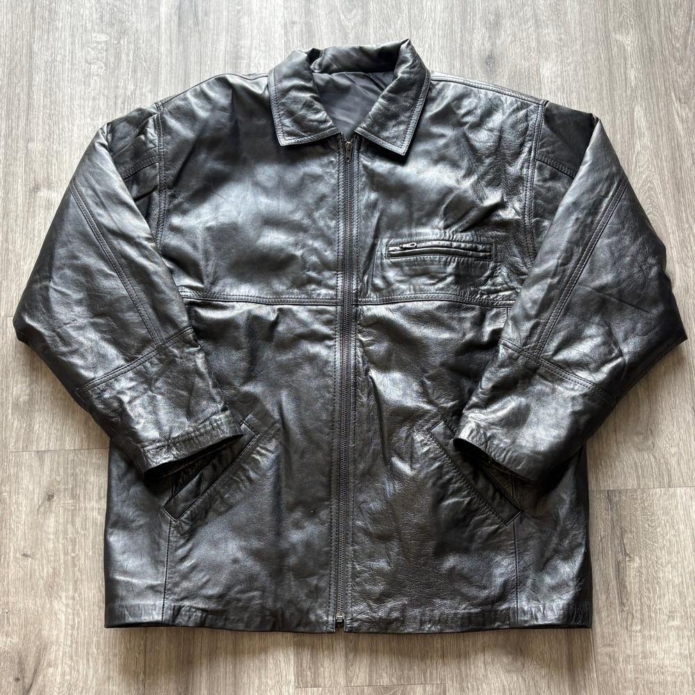Vintage Black Leather Bomber Jacket Talon Zipper Mens Large XL Collared Moto